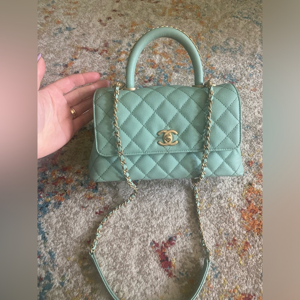 CHANEL Caviar Quilted Coco Chain Handle Flap Light Green